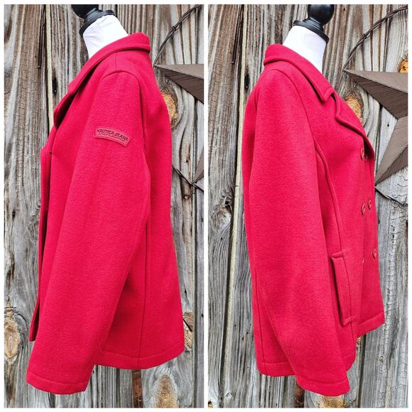 Classic Red Wool PeaCoat Nautica Size XL Double Breasted Collared Solid Color - Picture 3 of 12